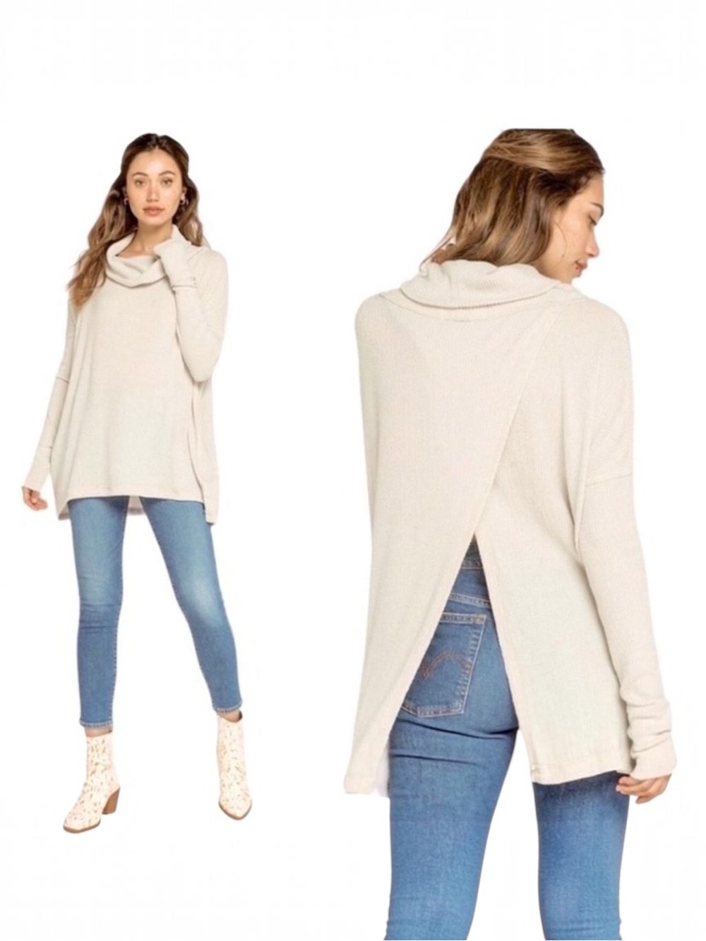 NWT Free People Juicy Long Sleeve Top XS Stone Cold Split Back Thermal